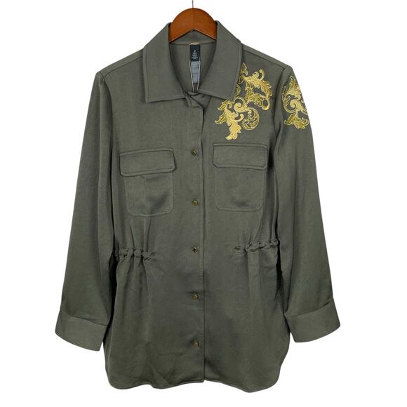 New Chicos Black Label Jacket Shacket Green Military Applique Women's 2 L 12 - Picture 1 of 10